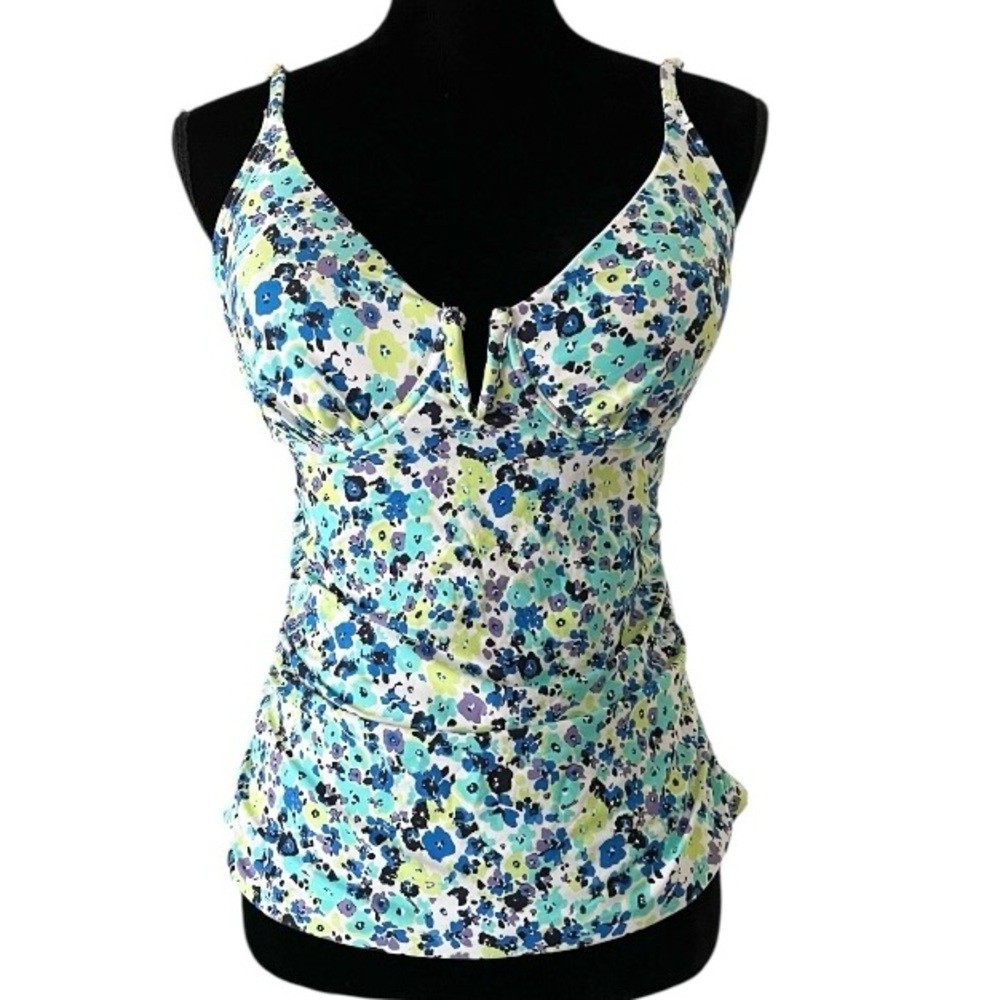 ANNE COLE Women Blue Green Floral Underwire Tankini Top large swim bathing suit
